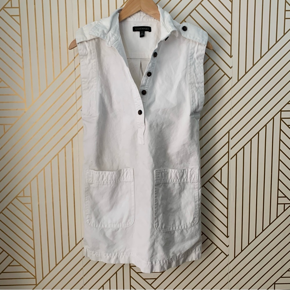 Banana Republic Utility cotton linen blend Mini White Denim button up Dress XXS - Picture 10 of 11